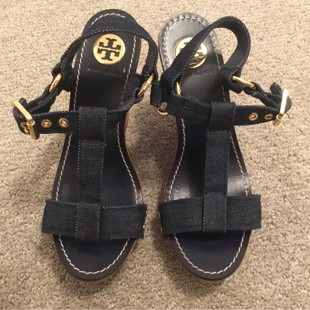 NEW Tory Burch “Beckett” Denim Wedge Sandals SZ 9